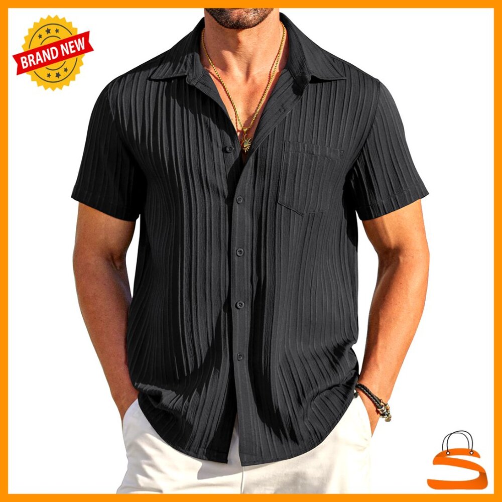 Short Sleeve Button Down Shirt Textured Fabric Relaxed Fit Casual Beach Summer